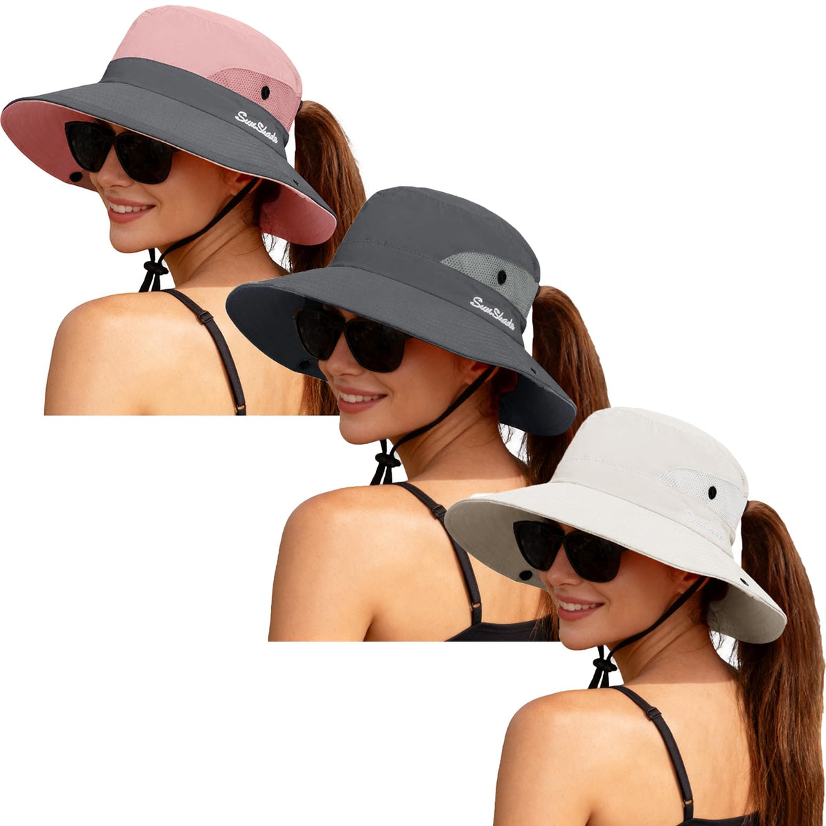 ZOORON Women's Ponytail Safari Sun Hat,Wide Brim UV Protection Bucket Hat