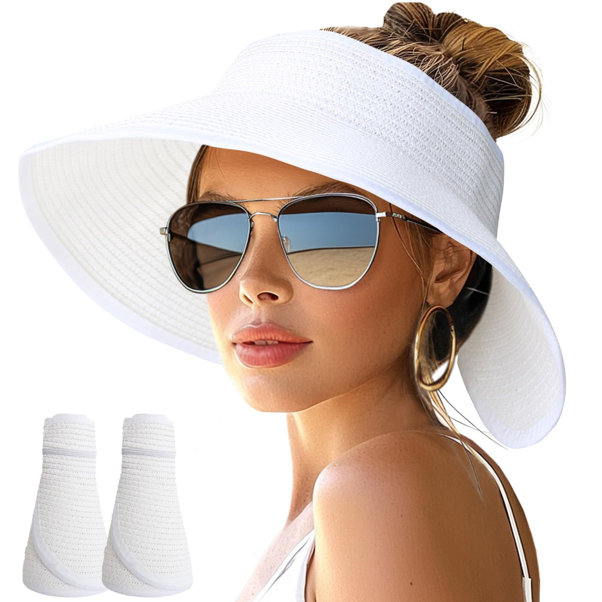 NPJY Sun Hats for Women Wide Brim Roll-Up Ponytail Packable Straw Visor