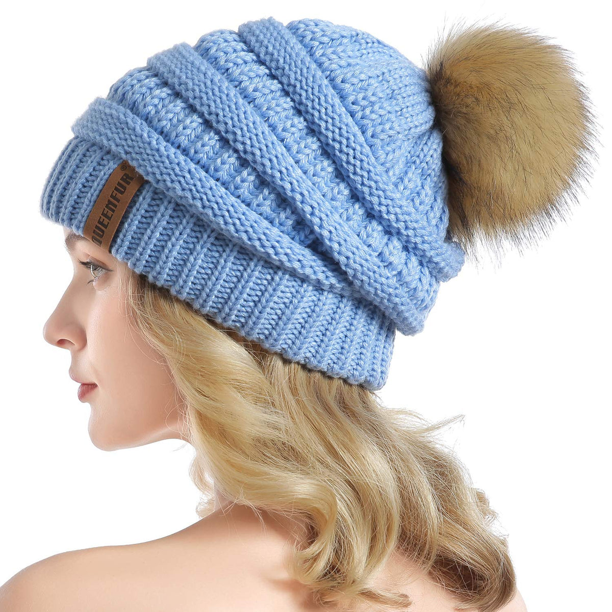 Women Knit Slouchy Beanie Chunky Baggy Hat with Faux Fur Pompom Winter Soft Warm Ski Cap