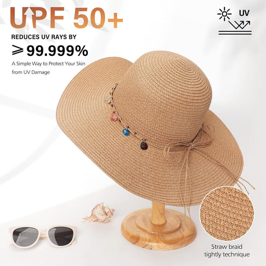 Trifabricy Beach Sun Straw Hats for Women, Wide Brim Sun Hat UPF Protection