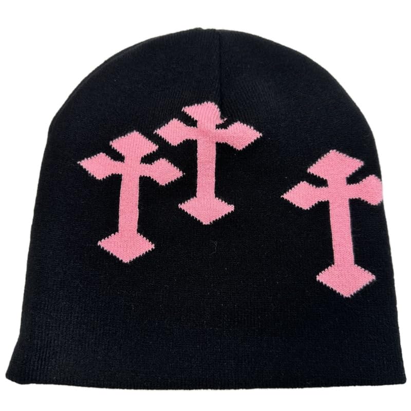 Y2K Dark Cross Wool Hat - Fashion Cross Pattern Loose Pile Knit Hat for Cold Weather - Autumn and Winter