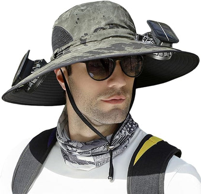 Outdoor Wide Brim Sun Hat with 2 Solar Fan Sun Bucket Hat for Men Women UPF 50+ Bucket Fishing & Beach Hat with Fan Built in