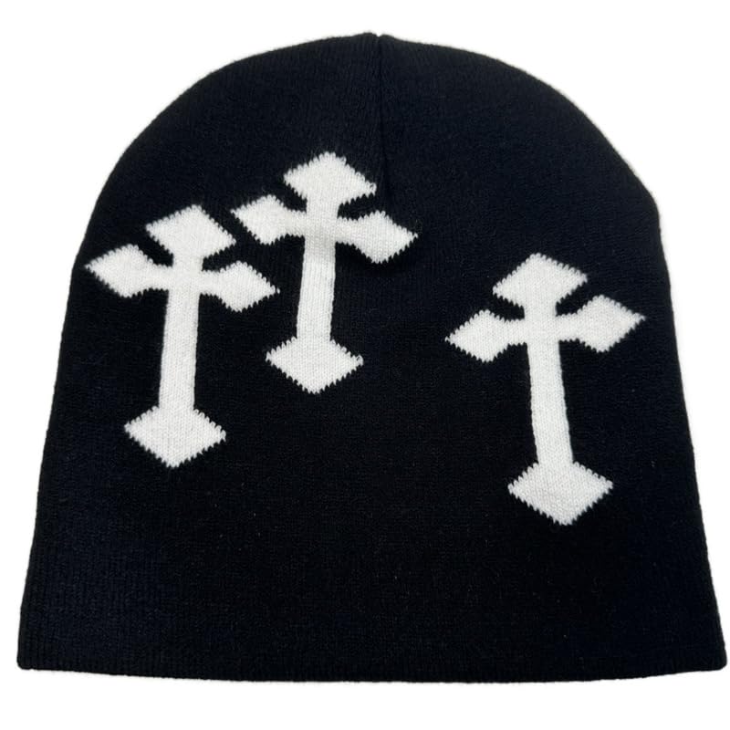 Y2K Dark Cross Wool Hat - Fashion Cross Pattern Loose Pile Knit Hat for Cold Weather - Autumn and Winter