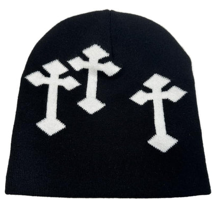 Y2K Dark Cross Wool Hat - Fashion Cross Pattern Loose Pile Knit Hat for Cold Weather - Autumn and Winter