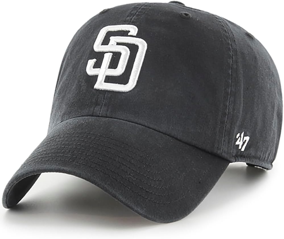 47 Brand MLB Black White Primary Logo Clean Up Adjustable Baseball Cap Hat, Adult One Size Fits All