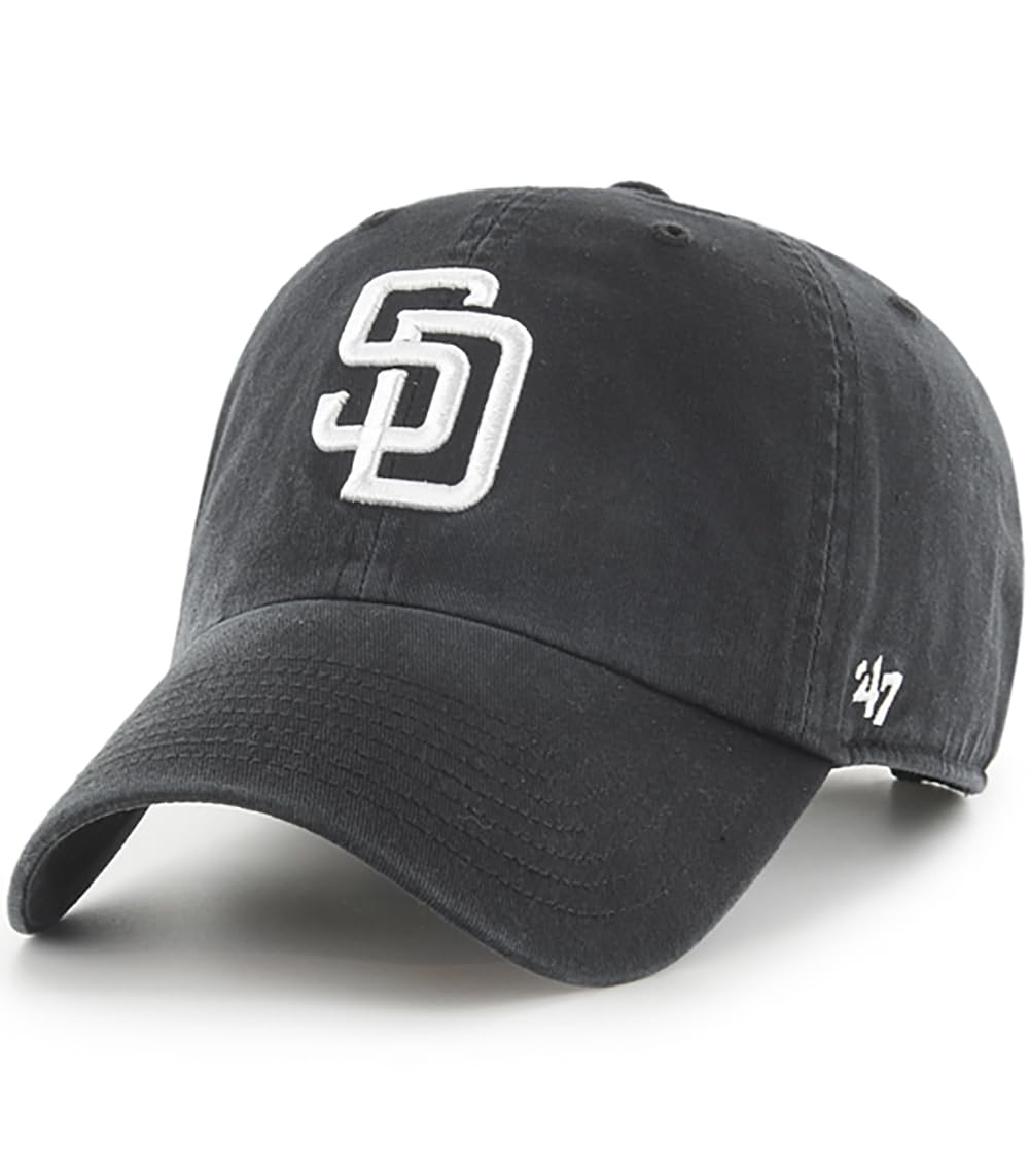 47 Brand MLB Black White Primary Logo Clean Up Adjustable Baseball Cap Hat, Adult One Size Fits All