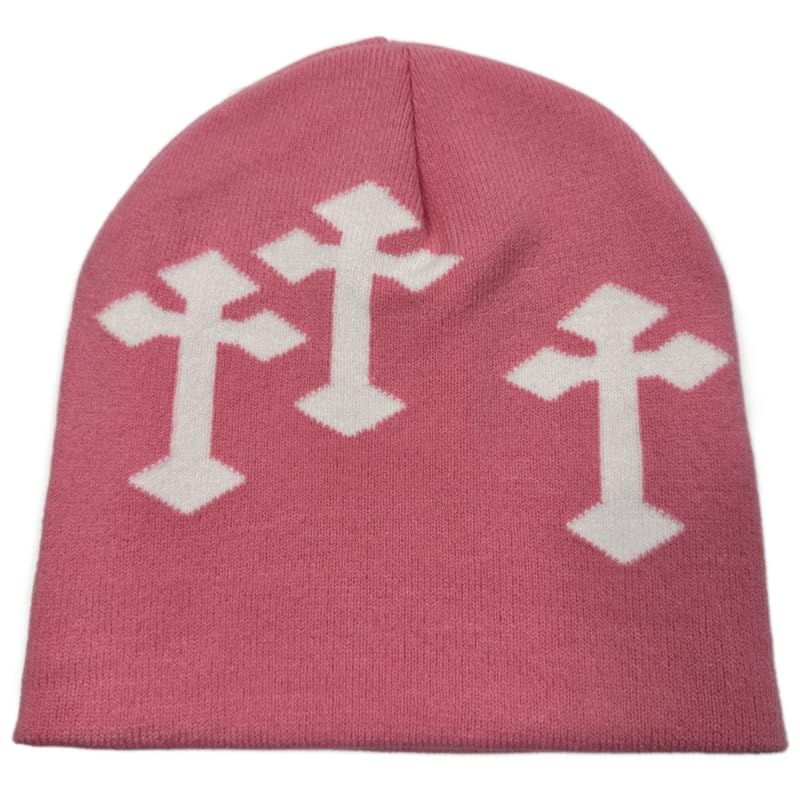 Y2K Dark Cross Wool Hat - Fashion Cross Pattern Loose Pile Knit Hat for Cold Weather - Autumn and Winter