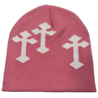 Y2K Dark Cross Wool Hat - Fashion Cross Pattern Loose Pile Knit Hat for Cold Weather - Autumn and Winter