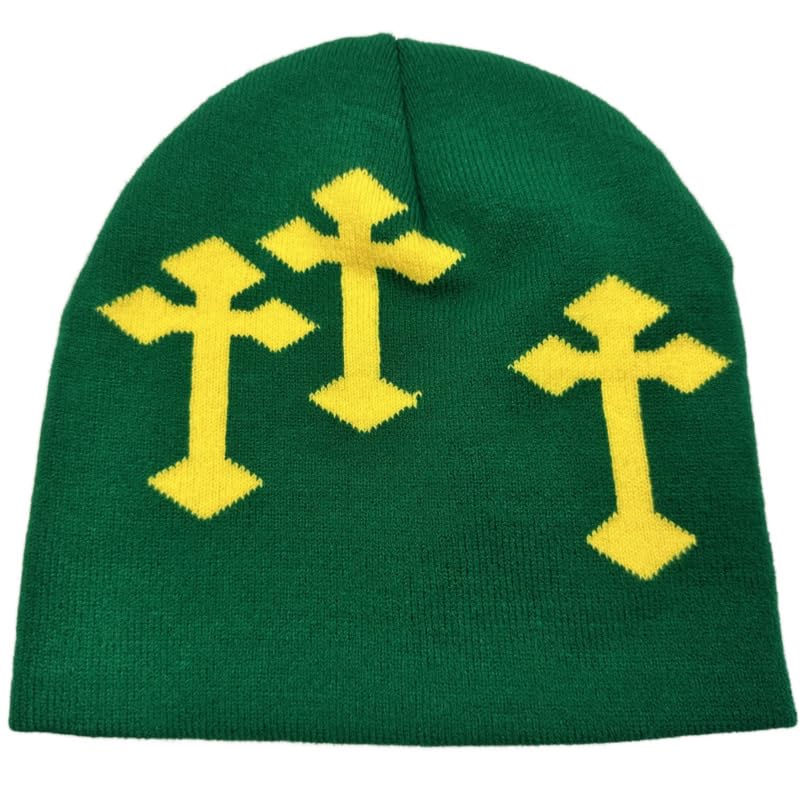 Y2K Dark Cross Wool Hat - Fashion Cross Pattern Loose Pile Knit Hat for Cold Weather - Autumn and Winter