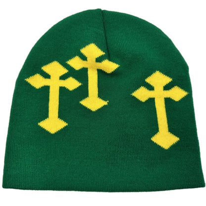 Y2K Dark Cross Wool Hat - Fashion Cross Pattern Loose Pile Knit Hat for Cold Weather - Autumn and Winter