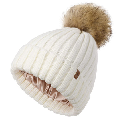 FURTALK Womens Winter Beanie Hat Satin Lined Faux Fur Pom Pom Beanies Hat for Women Winter Warm Knit Hats