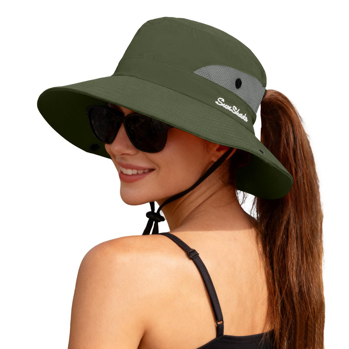 ZOORON Women's Ponytail Safari Sun Hat,Wide Brim UV Protection Bucket Hat