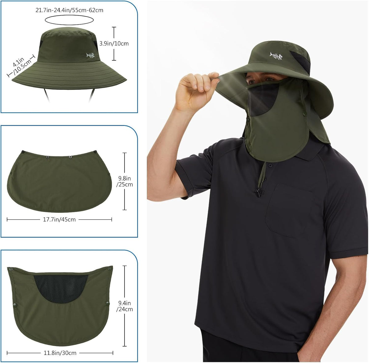 BASSDASH UPF 50+ Breathable Sun Hat with Removable Face Cover and Neck Flap Wide Brim Bucket Hat for Fishing Hiking Men Women