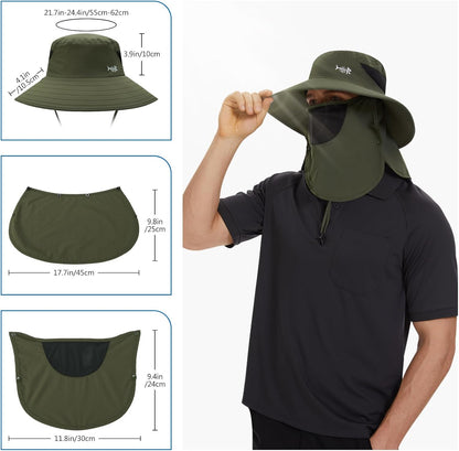 BASSDASH UPF 50+ Breathable Sun Hat with Removable Face Cover and Neck Flap Wide Brim Bucket Hat for Fishing Hiking Men Women