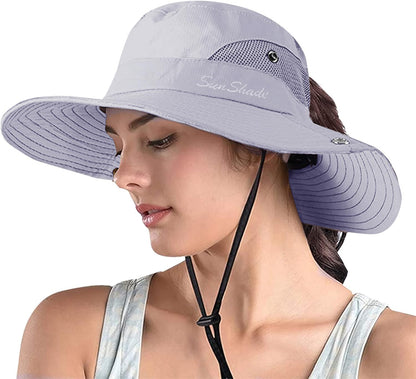 ZOORON Women's Ponytail Safari Sun Hat,Wide Brim UV Protection Bucket Hat
