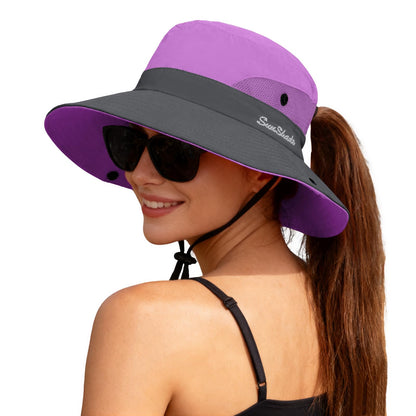 ZOORON Women's Ponytail Safari Sun Hat,Wide Brim UV Protection Bucket Hat