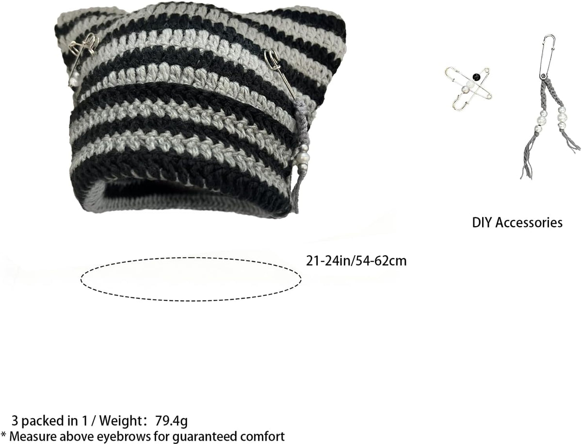 Cat Ear Beanie for Women, Y2K Striped Slouchy Crochet Goth Style with DIY Accessories, Cute Knit Hat with Ears