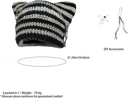 Cat Ear Beanie for Women, Y2K Striped Slouchy Crochet Goth Style with DIY Accessories, Cute Knit Hat with Ears