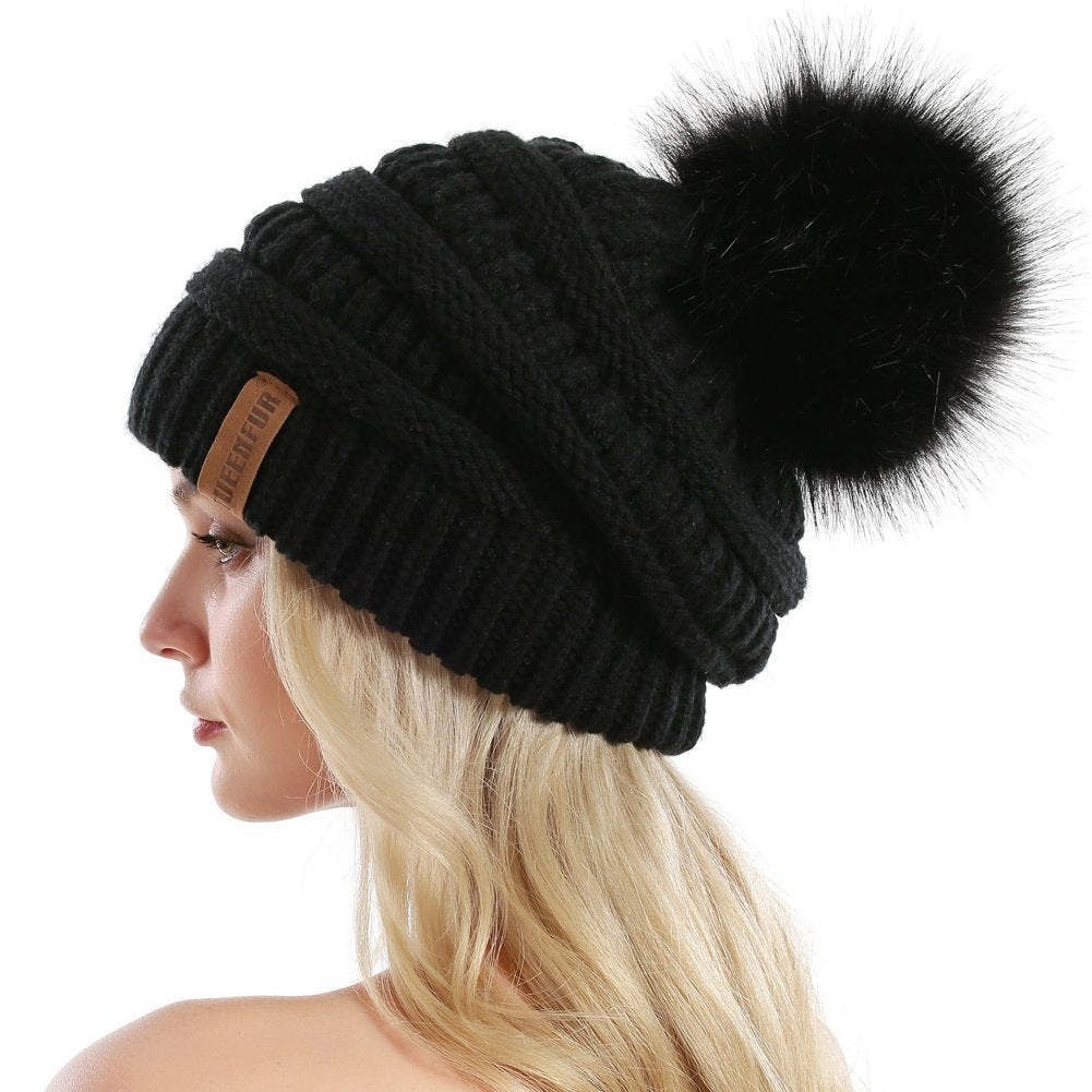 Women Knit Slouchy Beanie Chunky Baggy Hat with Faux Fur Pompom Winter Soft Warm Ski Cap