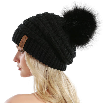 Women Knit Slouchy Beanie Chunky Baggy Hat with Faux Fur Pompom Winter Soft Warm Ski Cap