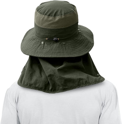 3 Pack Mens Outdoor Wide Brim Fishing Hat,UPF 50+ Sun Protection Cap with Face Neck Flap for Hiking & Garden