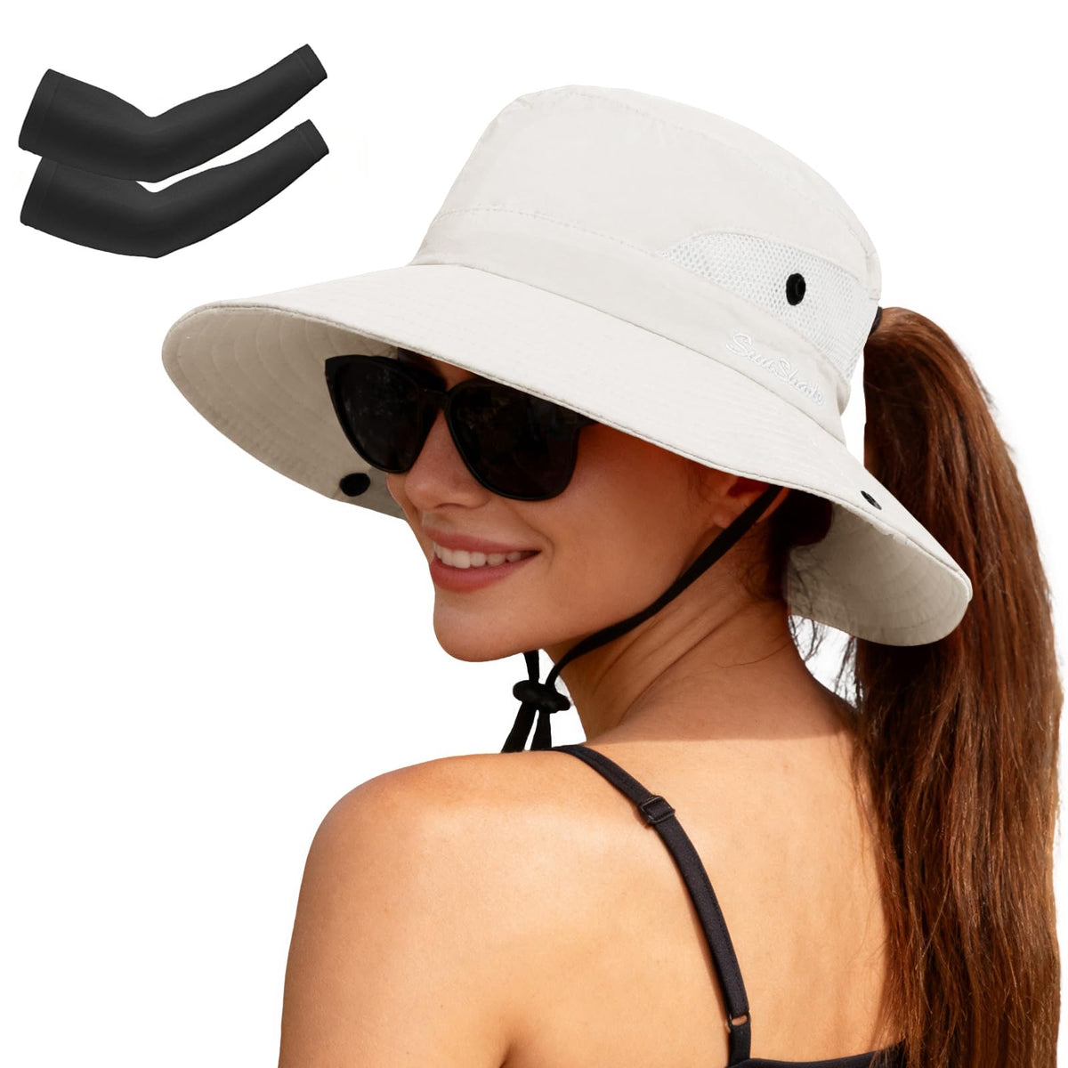 ZOORON Women's Ponytail Safari Sun Hat,Wide Brim UV Protection Bucket Hat