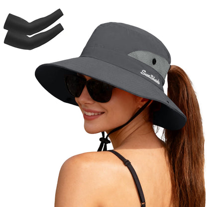 ZOORON Women's Ponytail Safari Sun Hat,Wide Brim UV Protection Bucket Hat