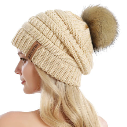 Women Knit Slouchy Beanie Chunky Baggy Hat with Faux Fur Pompom Winter Soft Warm Ski Cap
