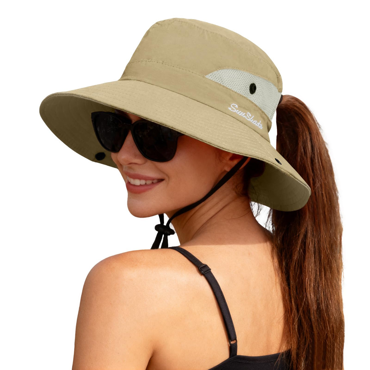 ZOORON Women's Ponytail Safari Sun Hat,Wide Brim UV Protection Bucket Hat
