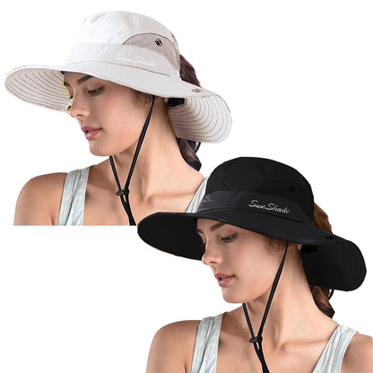 ZOORON Women's Ponytail Safari Sun Hat,Wide Brim UV Protection Bucket Hat