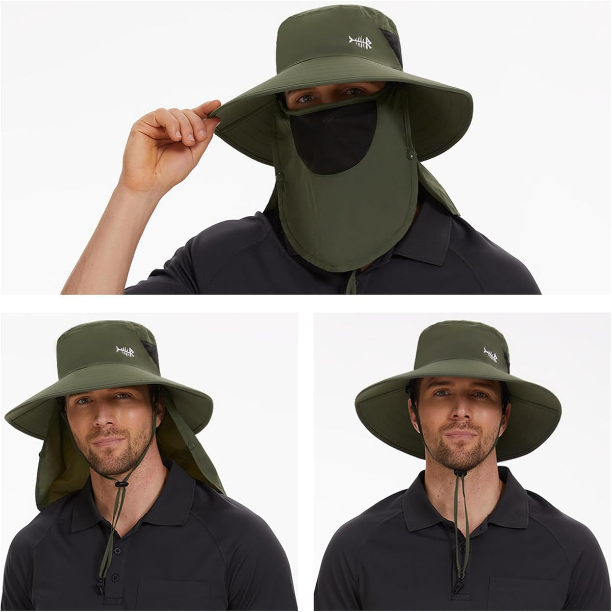 BASSDASH UPF 50+ Breathable Sun Hat with Removable Face Cover and Neck Flap Wide Brim Bucket Hat for Fishing Hiking Men Women