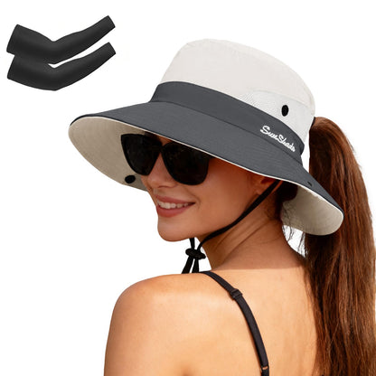 ZOORON Women's Ponytail Safari Sun Hat,Wide Brim UV Protection Bucket Hat