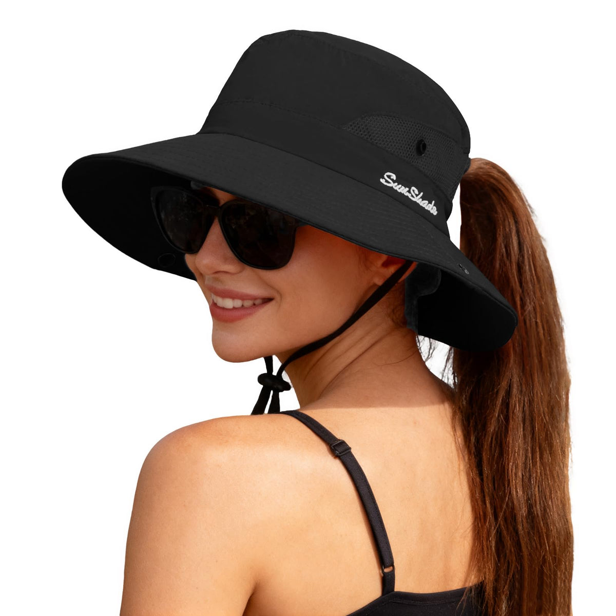 ZOORON Women's Ponytail Safari Sun Hat,Wide Brim UV Protection Bucket Hat