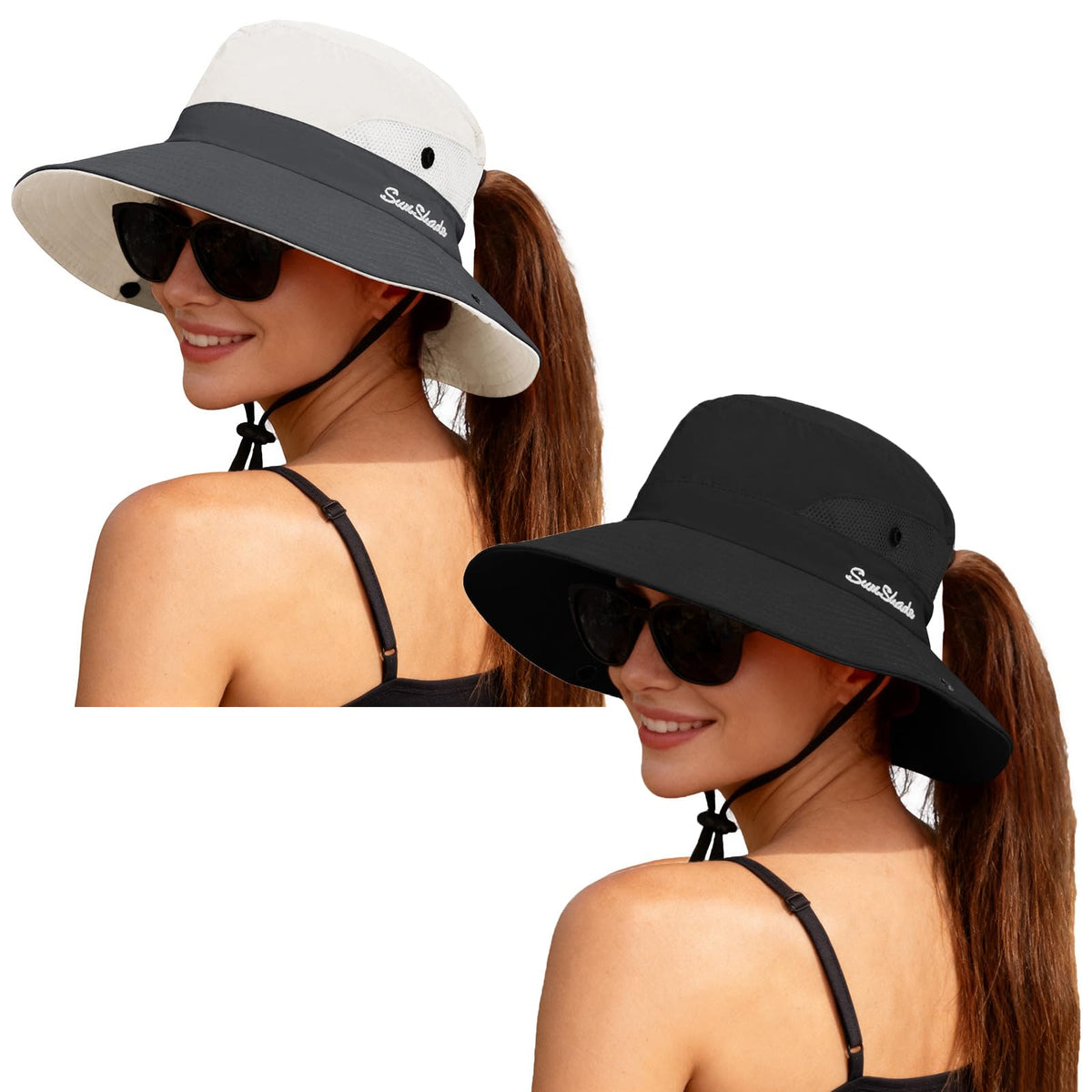ZOORON Women's Ponytail Safari Sun Hat,Wide Brim UV Protection Bucket Hat