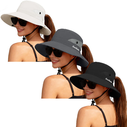 ZOORON Women's Ponytail Safari Sun Hat,Wide Brim UV Protection Bucket Hat