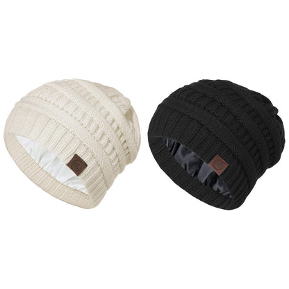 Beanies Women Satin Lined Beanie Winter Hats for Women Silk Lined Slouchy Beanie for Winter Warm Knit Cuffed Beanie Hat