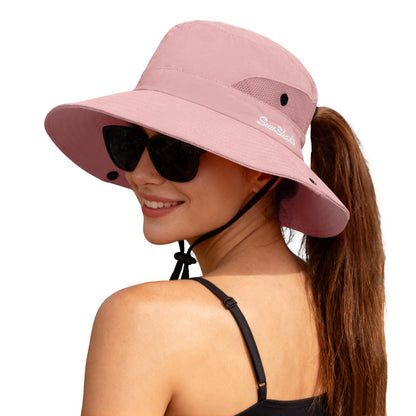 ZOORON Women's Ponytail Safari Sun Hat,Wide Brim UV Protection Bucket Hat
