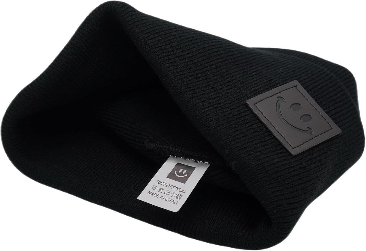 55cube Unisex Knit Cuffed Beanie Hats Warm Winter Caps with Leather Logos