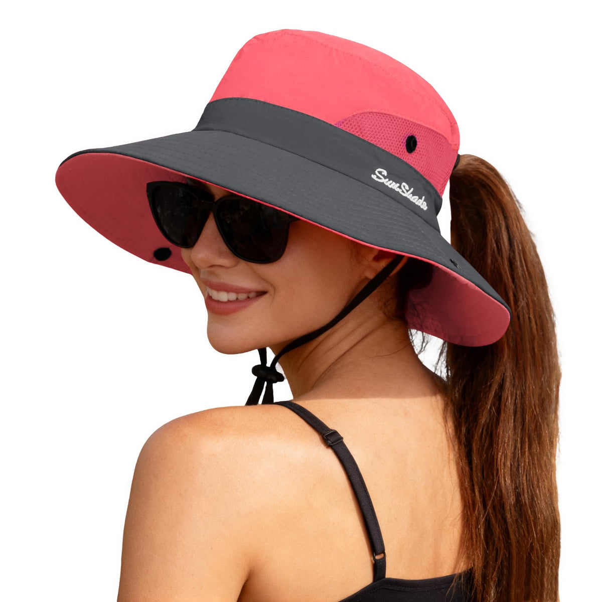 ZOORON Women's Ponytail Safari Sun Hat,Wide Brim UV Protection Bucket Hat