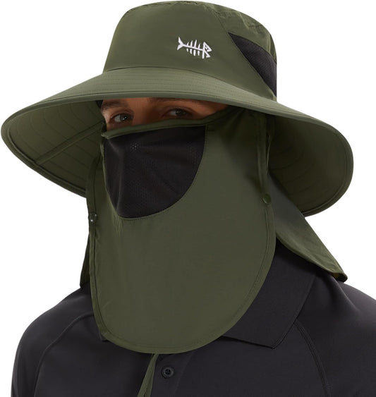 BASSDASH UPF 50+ Breathable Sun Hat with Removable Face Cover and Neck Flap Wide Brim Bucket Hat for Fishing Hiking Men Women