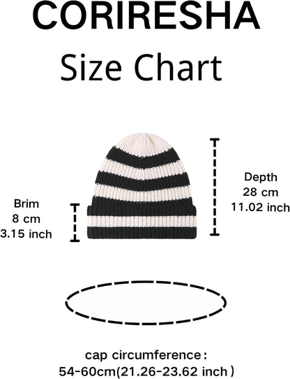 CORIRESHA Unisex Fashion Striped Beanie Cuffed Winter Warm Cozy Chunky Rib Knit Hat