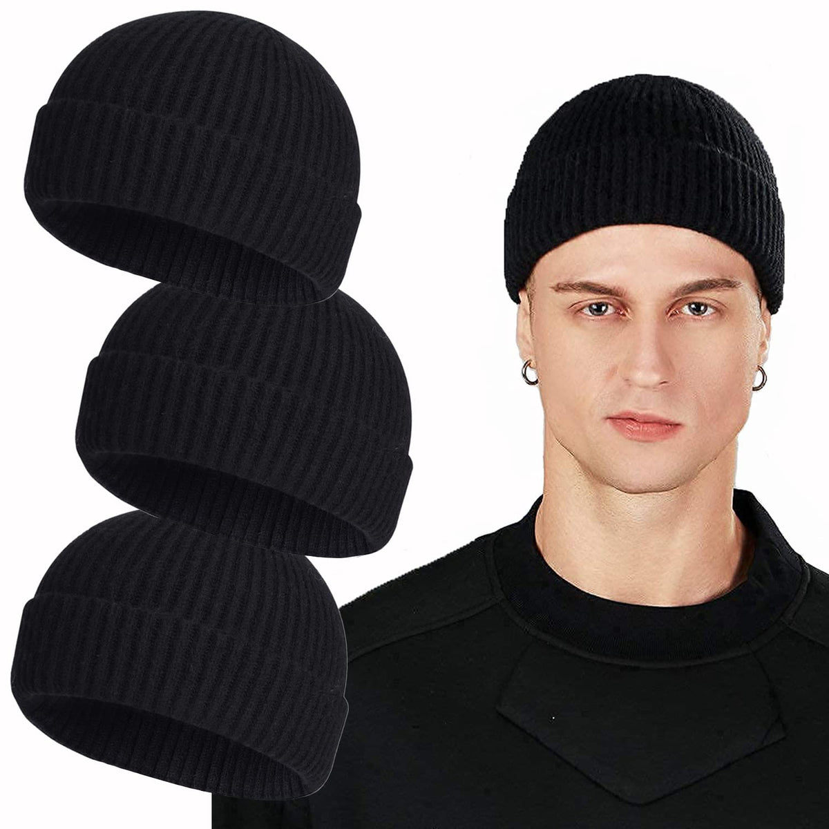 ROYBENS Swag Wool Knit Cuff Short Fisherman Beanie for Men Women Winter Hat