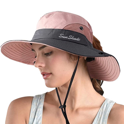 ZOORON Women's Ponytail Safari Sun Hat,Wide Brim UV Protection Bucket Hat