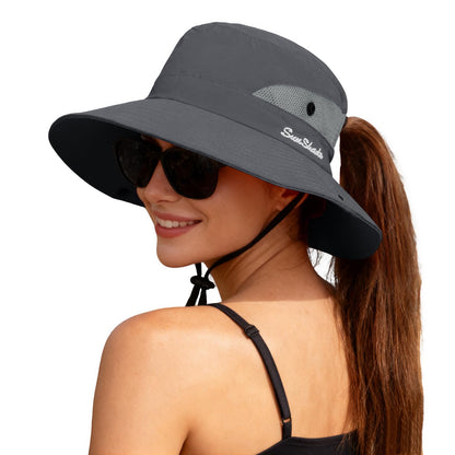 ZOORON Women's Ponytail Safari Sun Hat,Wide Brim UV Protection Bucket Hat