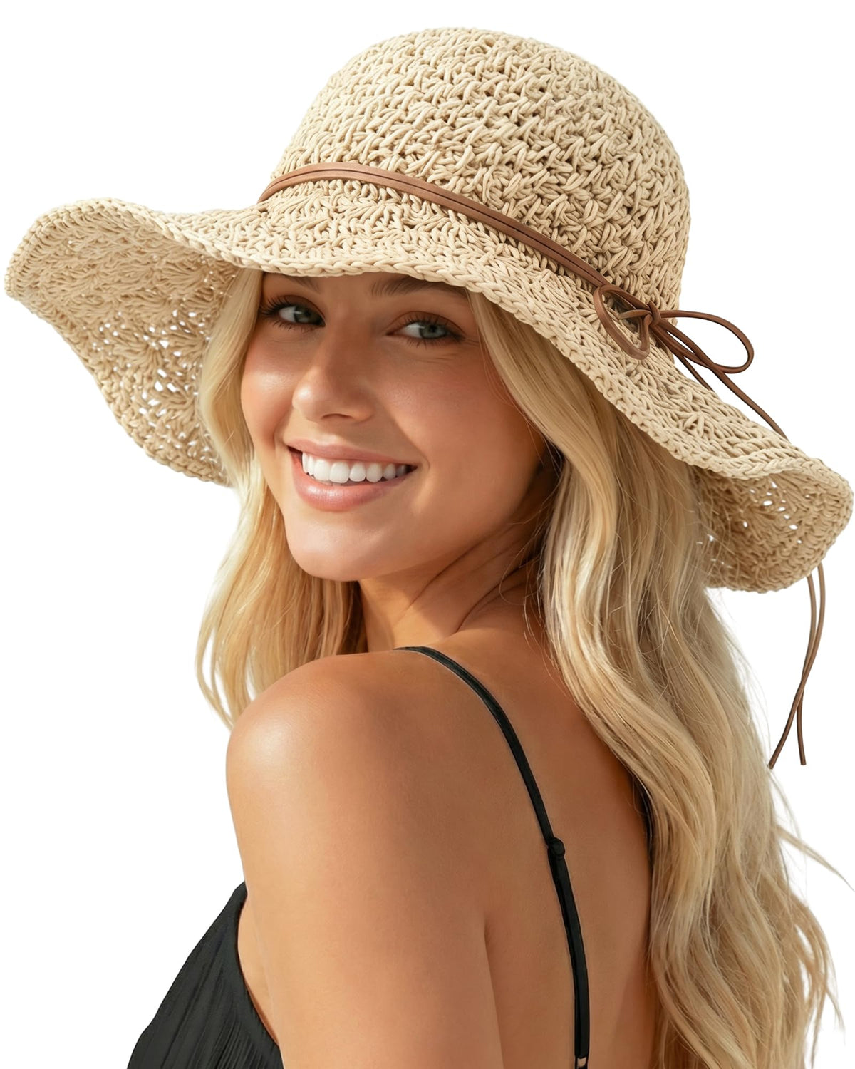 Beach Sun Hats for Women, Wide Brim Straw Hat, UPF 50+ UV Protection