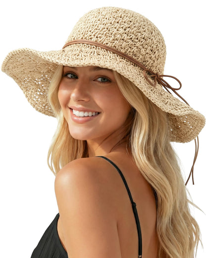 Beach Sun Hats for Women, Wide Brim Straw Hat, UPF 50+ UV Protection