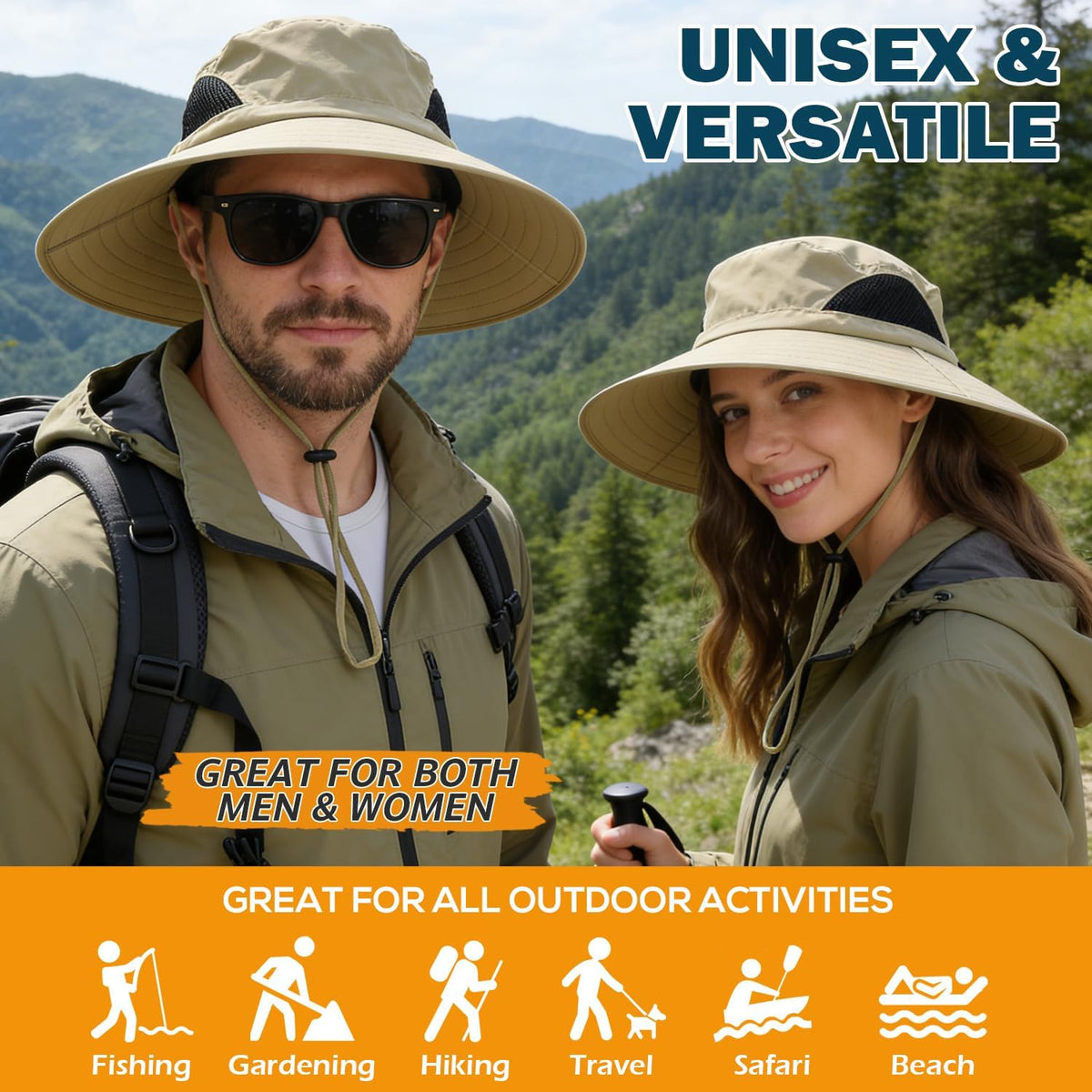 Wide Brim Sun Bucket Hat, Waterproof Boonie Hat for Men & Women