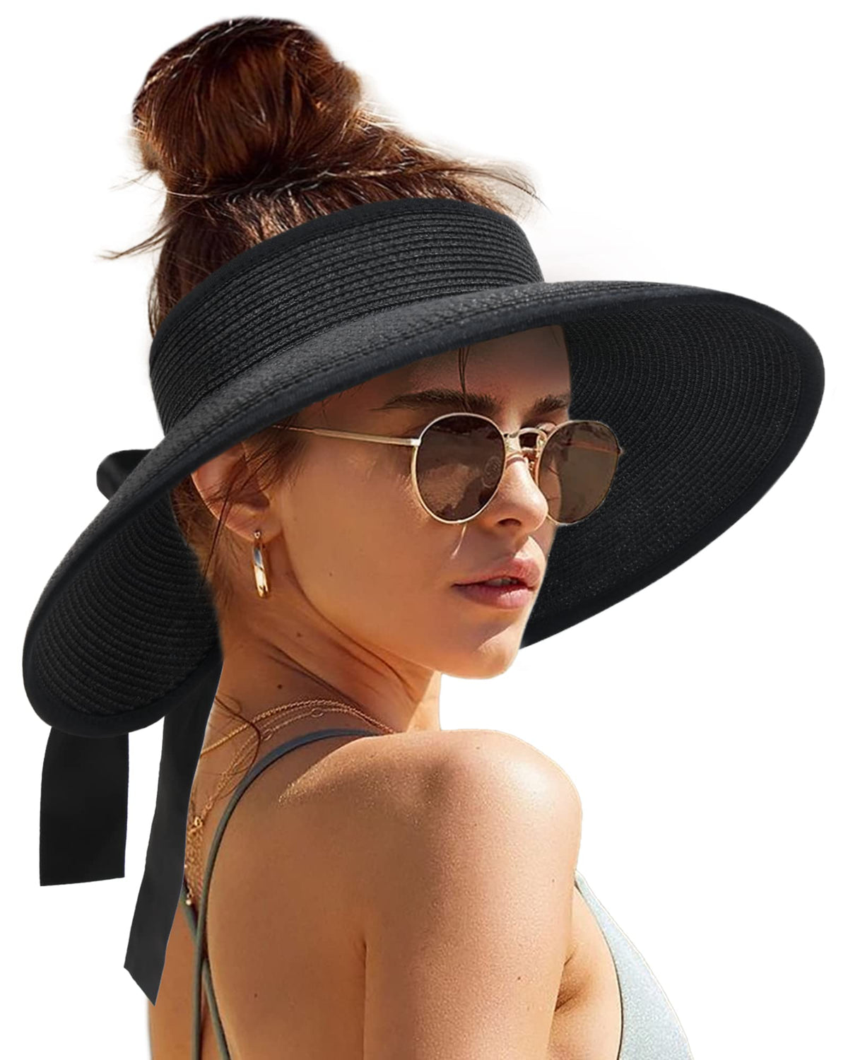 Camptrace Women's Straw Sun Visor Hat UPF Wide Shade Ponytail Summer Hat