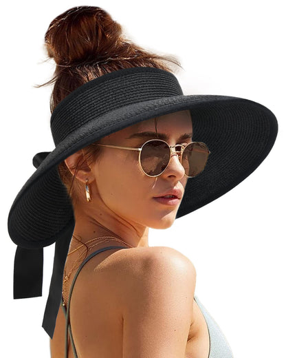 Camptrace Women's Straw Sun Visor Hat UPF Wide Shade Ponytail Summer Hat