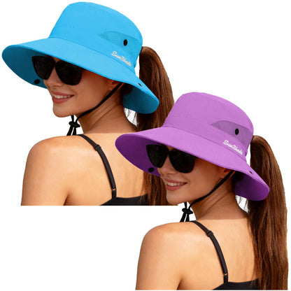 ZOORON Women's Ponytail Safari Sun Hat,Wide Brim UV Protection Bucket Hat